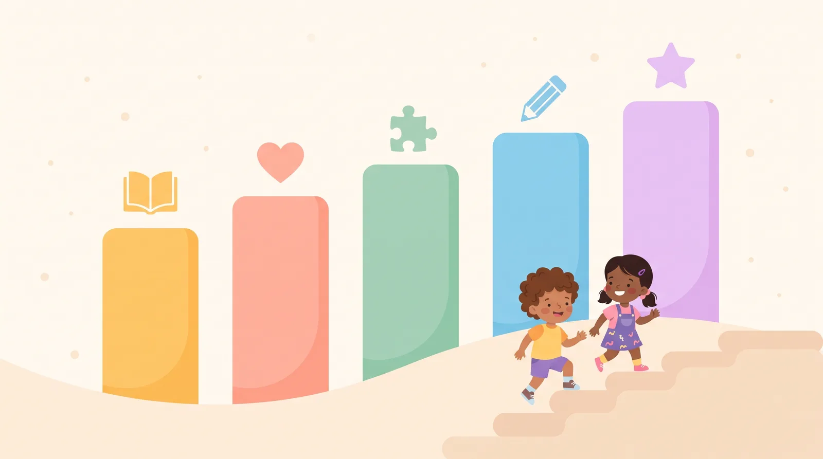 Illustration of two children climbing steps toward five colorful pillars topped with a book, heart, puzzle piece, pencil, and star