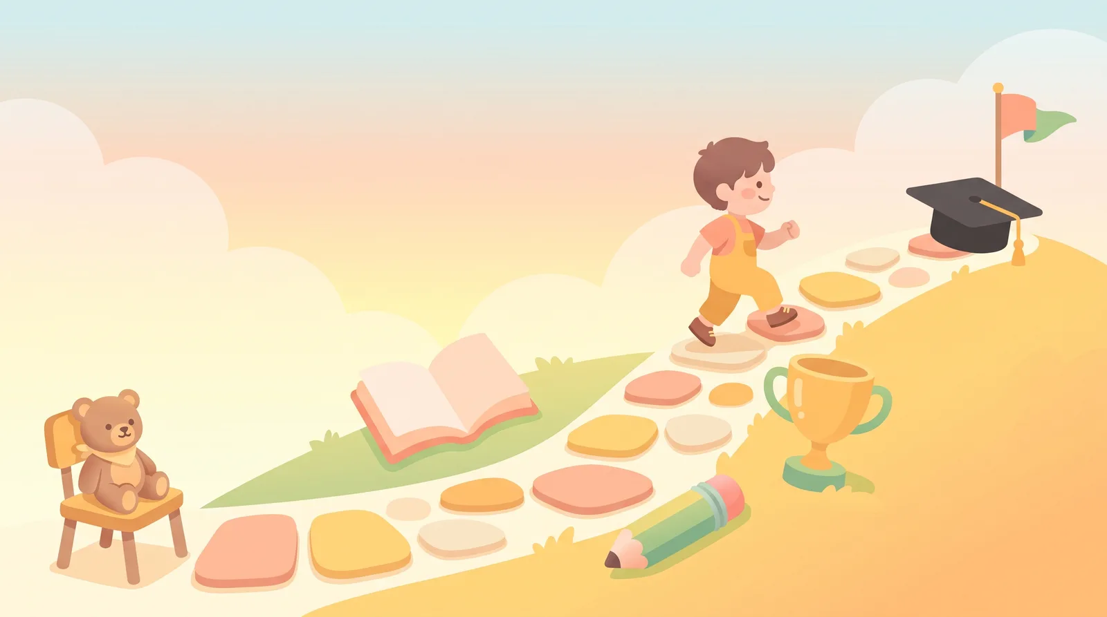 Illustration of a child walking up stepping stones past a book, pencil, and trophy toward a graduation cap on a hilltop