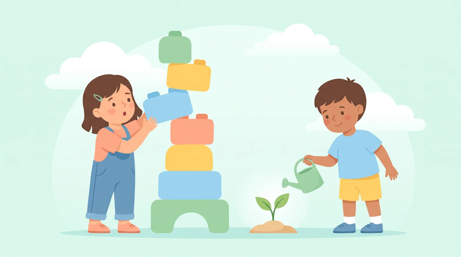 Illustration of a girl stacking oversized building blocks while a boy waters a young sprouting plant