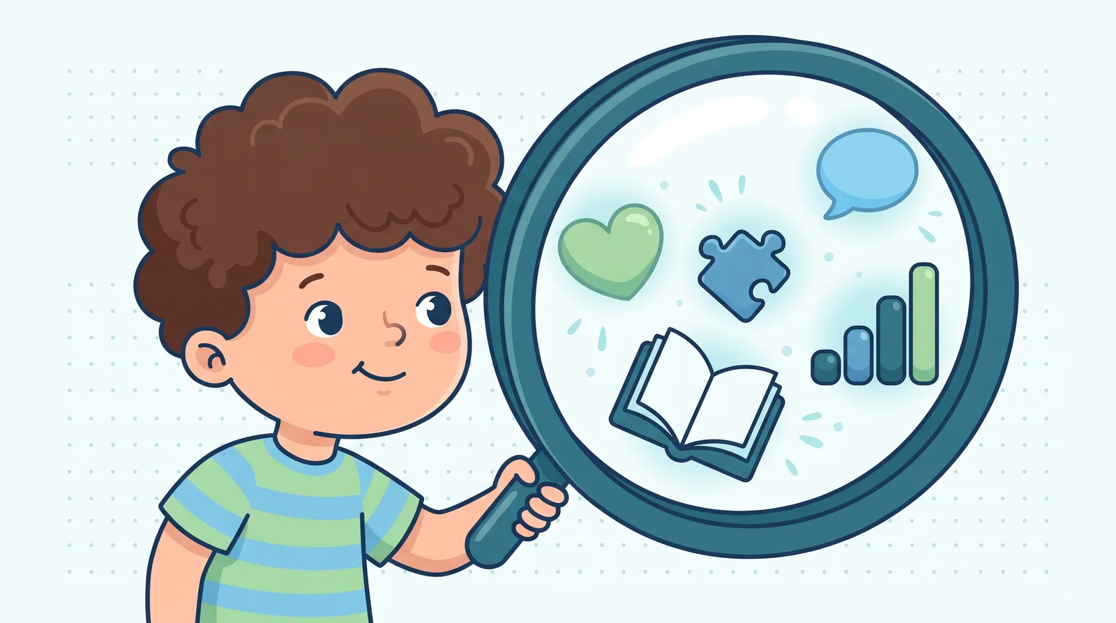 Illustration of a boy looking through a large magnifying glass at a heart, puzzle piece, open book, speech bubble, and rising bar chart