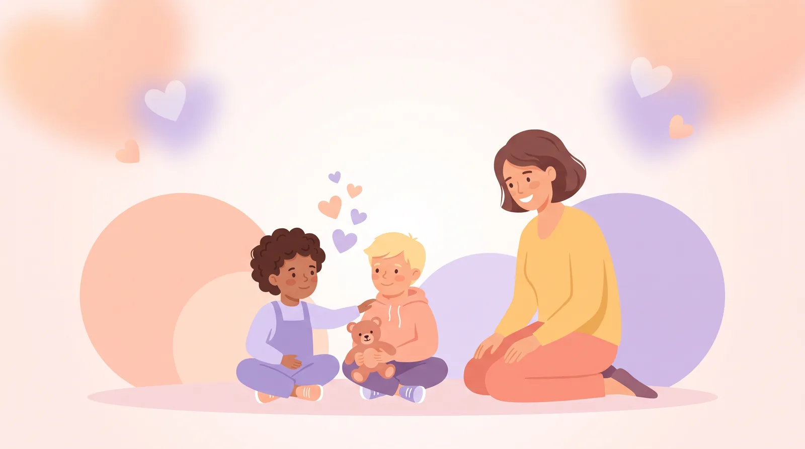 Illustration of a caregiver watching two children share a teddy bear with hearts floating above them