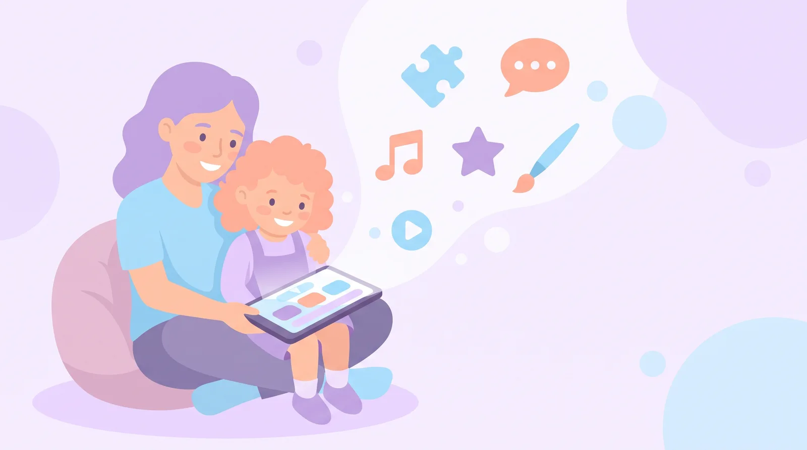 Illustration of a parent and child using a tablet together with learning icons floating up from the screen
