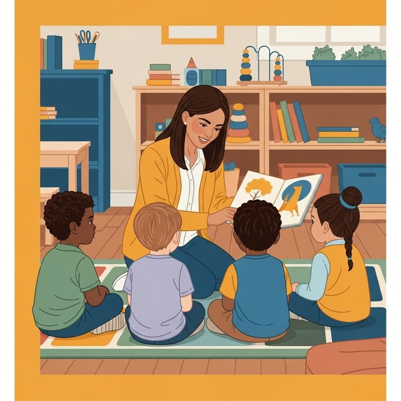 Preschool teacher reading to a diverse group of young children in classroom