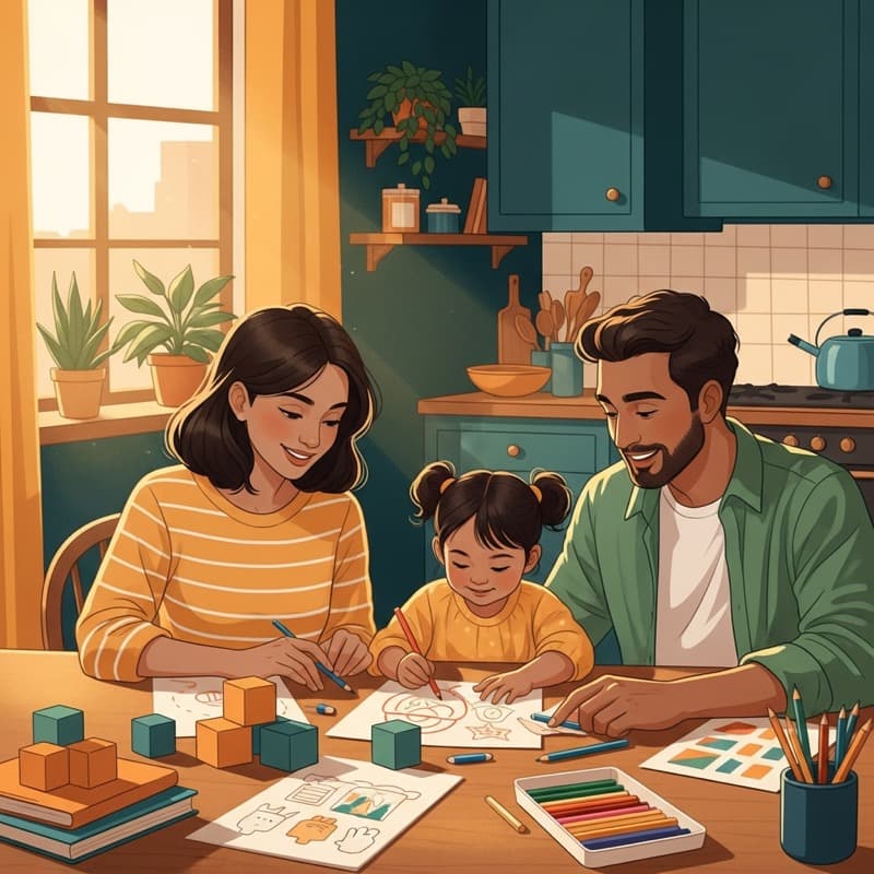 Family doing educational activities together at home